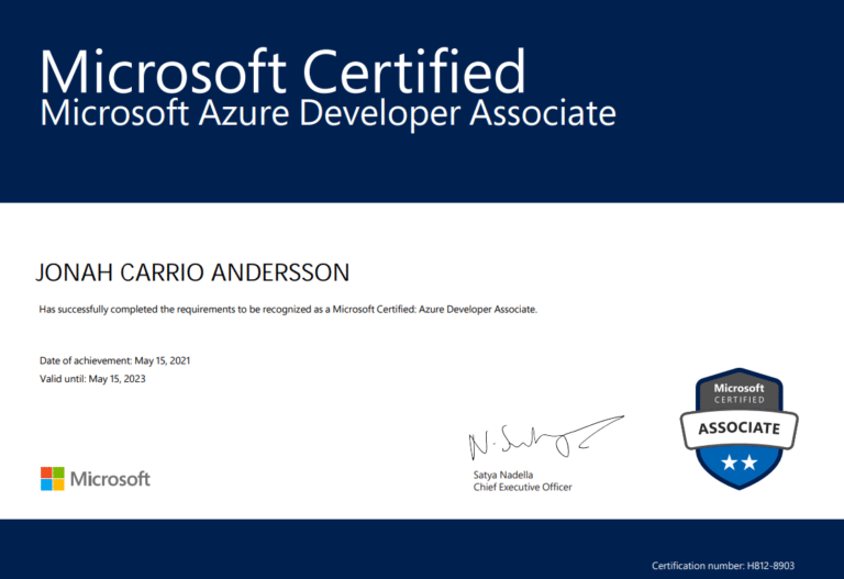 Jonah Andersson Microsoft Certified Azure Developer Associate